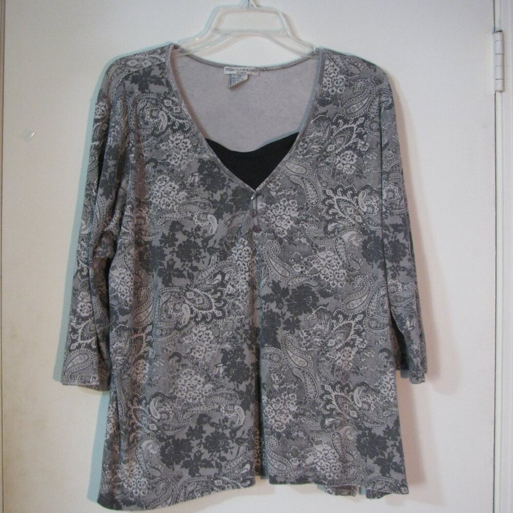 * Rebecca Malone Woman Blouse Plus Size 2X Gray Paisley Print Stretch EUC